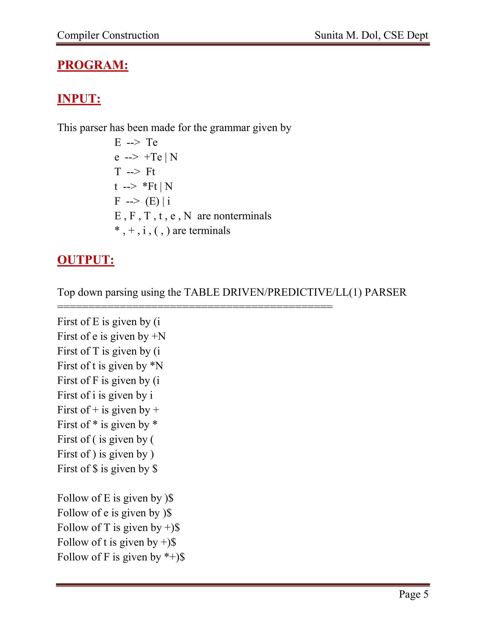 Compiler Construction Sunita M. Dol, CSE Dept
Page 5
PROGRAM:
INPUT:
This parser has been made for the grammar given by
E --> Te
e --> +Te | N
T --> Ft
t --> *Ft | N
F --> (E) | i
E , F , T , t , e , N are nonterminals
* , + , i , ( , ) are terminals
OUTPUT:
Top down parsing using the TABLE DRIVEN/PREDICTIVE/LL(1) PARSER
============================================
First of E is given by (i
First of e is given by +N
First of T is given by (i
First of t is given by *N
First of F is given by (i
First of i is given by i
First of + is given by +
First of * is given by *
First of ( is given by (
First of ) is given by )
First of $ is given by $
Follow of E is given by )$
Follow of e is given by )$
Follow of T is given by +)$
Follow of t is given by +)$
Follow of F is given by *+)$
 