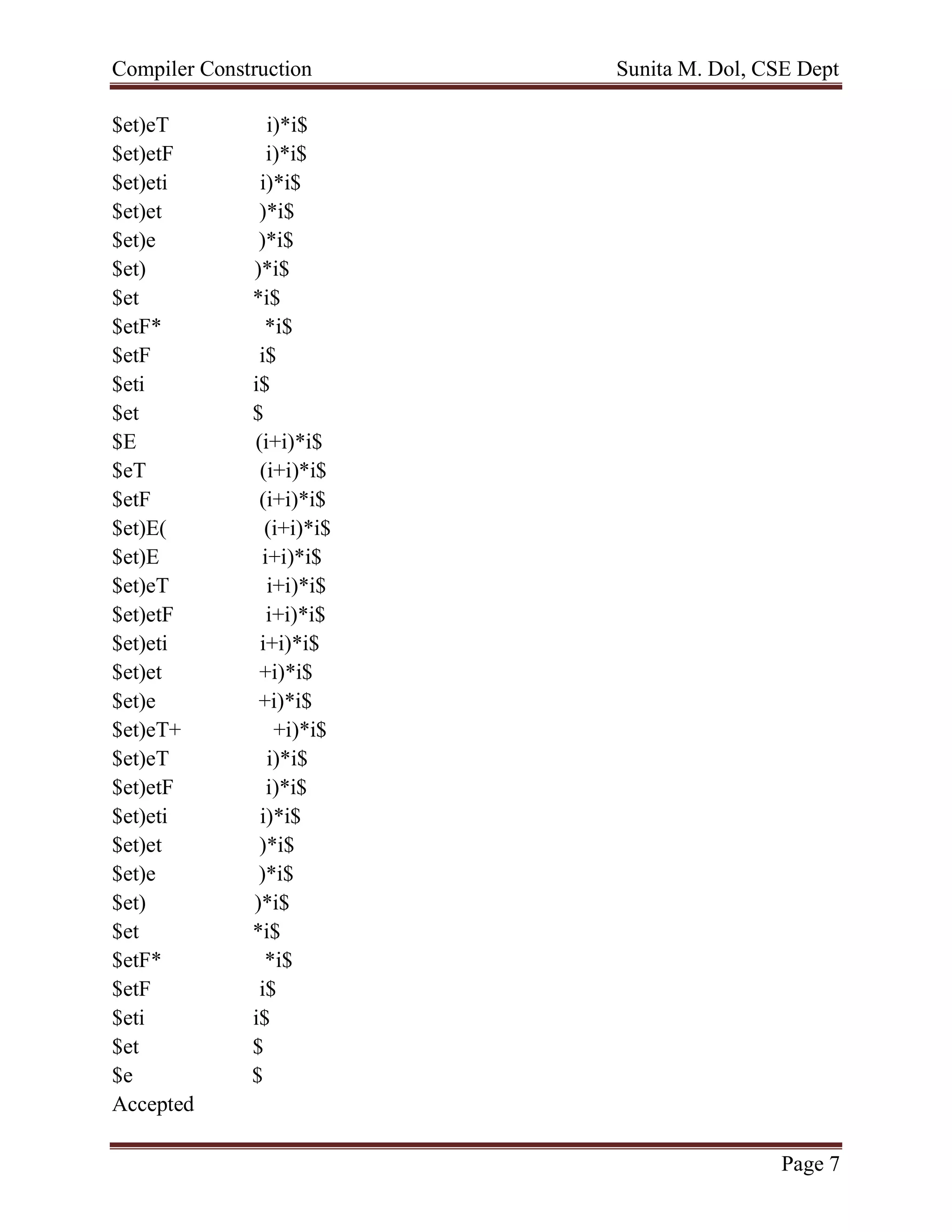 Compiler Construction Sunita M. Dol, CSE Dept
Page 7
$et)eT i)*i$
$et)etF i)*i$
$et)eti i)*i$
$et)et )*i$
$et)e )*i$
$et) )*i$
$et *i$
$etF* *i$
$etF i$
$eti i$
$et $
$E (i+i)*i$
$eT (i+i)*i$
$etF (i+i)*i$
$et)E( (i+i)*i$
$et)E i+i)*i$
$et)eT i+i)*i$
$et)etF i+i)*i$
$et)eti i+i)*i$
$et)et +i)*i$
$et)e +i)*i$
$et)eT+ +i)*i$
$et)eT i)*i$
$et)etF i)*i$
$et)eti i)*i$
$et)et )*i$
$et)e )*i$
$et) )*i$
$et *i$
$etF* *i$
$etF i$
$eti i$
$et $
$e $
Accepted
 