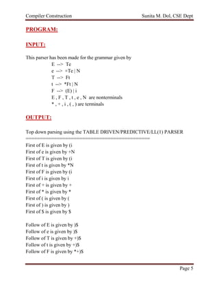 Compiler Construction Sunita M. Dol, CSE Dept
Page 5
PROGRAM:
INPUT:
This parser has been made for the grammar given by
E --> Te
e --> +Te | N
T --> Ft
t --> *Ft | N
F --> (E) | i
E , F , T , t , e , N are nonterminals
* , + , i , ( , ) are terminals
OUTPUT:
Top down parsing using the TABLE DRIVEN/PREDICTIVE/LL(1) PARSER
============================================
First of E is given by (i
First of e is given by +N
First of T is given by (i
First of t is given by *N
First of F is given by (i
First of i is given by i
First of + is given by +
First of * is given by *
First of ( is given by (
First of ) is given by )
First of $ is given by $
Follow of E is given by )$
Follow of e is given by )$
Follow of T is given by +)$
Follow of t is given by +)$
Follow of F is given by *+)$
 