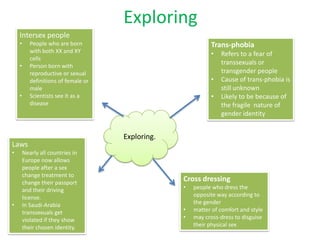 Exploring
    Intersex people
    •      People who are born                               Trans-phobia
           with both XX and XY                               •   Refers to a fear of
           cells
    •      Person born with
                                                                 transsexuals or
           reproductive or sexual                                transgender people
           definitions of female or                          •   Cause of trans-phobia is
           male                                                  still unknown
    •      Scientists see it as a                            •   Likely to be because of
           disease                                               the fragile nature of
                                                                 gender identity


                                      Exploring.
Laws
•       Nearly all countries in
        Europe now allows
        people after a sex
        change treatment to
        change their passport
                                                   Cross dressing
        and their driving                          •   people who dress the
        license.                                       opposite way according to
•       In Saudi-Arabia                                the gender
        transsexuals get                           •   matter of comfort and style
        violated if they show                      •   may cross-dress to disguise
        their chosen identity.                         their physical sex
 
