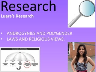 Research
Luara’s Research


• ANDROGYNIES AND POLYGENDER
• LAWS AND RELIGIOUS VIEWS.
 