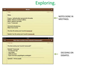 Exploring.

             NOTES DONE IN
             MEETINGS.




              DECIDING ON
              DEBATES.
 