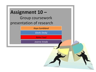 Assignment 10 –
     Group coursework
presentation of research
             Kaya Sumbland
              Gledis Dedaj
               Rahel Fasil
             Joanne Aroda
 