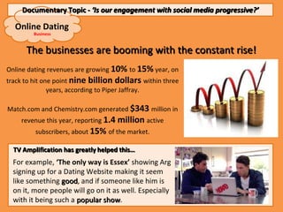 Documentary Topic - ‘Is our engagement with social media progressive?’

  Online Dating
        Business


      The busin...