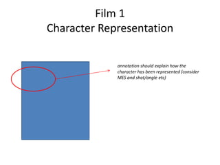 Film 1
Character Representation
annotation should explain how the
character has been represented (consider
MES and shot/angle etc)

 