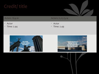 Credit/ title

Actors 8,9,10    Actors 11,12,13,14
ü   Actor        ü   Actor
ü   Time: 2.44   ü   Time: 2.49
 