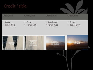 Credit / title
Credit/title     Credit/title     Credit/title     Credit/title

ü   Crew         ü   Crew         ü   Producer     ü   Crew
ü   Time: 3.25   ü   Time: 3.27   ü   Time: 3.31   ü   Time: 3.37
 