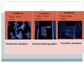 Credit 20             Credit 21            Credit 22
  Time: 02:11            Time: 02:16          Time: 02:22
  Crew                   Crew                  Crew




Production designer   Director photographer   Executive producer
 