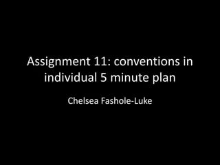 Assignment 11: conventions in
individual 5 minute plan
Chelsea Fashole-Luke
 