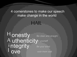 4 cornerstones to make our speech
make change in the world
HAIL
Honestly
A uthenticity
integrity
l ove
Be clear and straight
Be yourself
Be your word
wish them well
