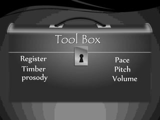 Register
Timber
prosody
Pace
Pitch
Volume
Tool Box