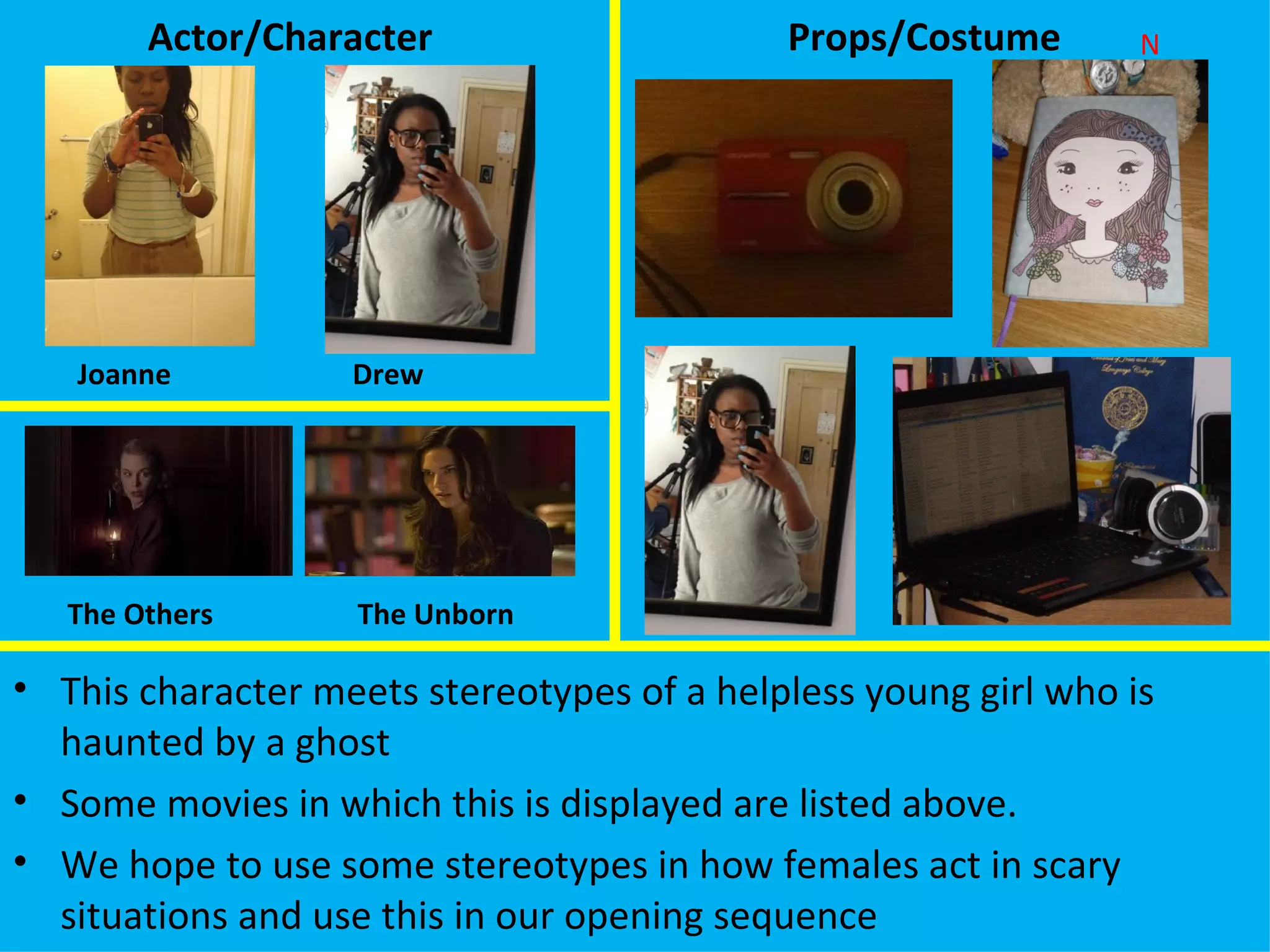 Actor/Character                     Props/Costume        N




   Joanne          Drew




   The Others      The Unborn

• This character meets stereotypes of a helpless young girl who is
  haunted by a ghost
• Some movies in which this is displayed are listed above.
• We hope to use some stereotypes in how females act in scary
  situations and use this in our opening sequence
 