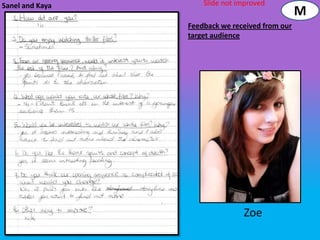 Sanel and Kaya       Slide not improved
                                                 M
                 Feedback we received from our
                 target audience




                                Zoe
 
