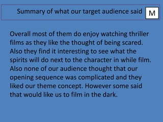 Summary of what our target audience said M


Overall most of them do enjoy watching thriller
films as they like the thought of being scared.
Also they find it interesting to see what the
spirits will do next to the character in while film.
Also none of our audience thought that our
opening sequence was complicated and they
liked our theme concept. However some said
that would like us to film in the dark.
 