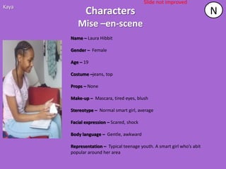 Slide not improved
Kaya
              Characters                                                 N
          Mise –en-scene
       Name – Laura Hibbit

       Gender – Female

       Age – 19

       Costume –jeans, top

       Props – None

       Make-up – Mascara, tired eyes, blush

       Stereotype – Normal smart girl, average

       Facial expression – Scared, shock

       Body language – Gentle, awkward

       Representation – Typical teenage youth. A smart girl who’s abit
       popular around her area
 