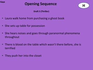 Kaya
                   Opening Sequence                                H
                          Draft 5 (Thriller)


 • Laura walk home from purchasing a ghost book

 • She sets up table for possession

 • She hears noises and goes through paranormal phenomena
   throughout

 • There is blood on the table which wasn’t there before, she is
   terrified

 • They push her into the closet
 