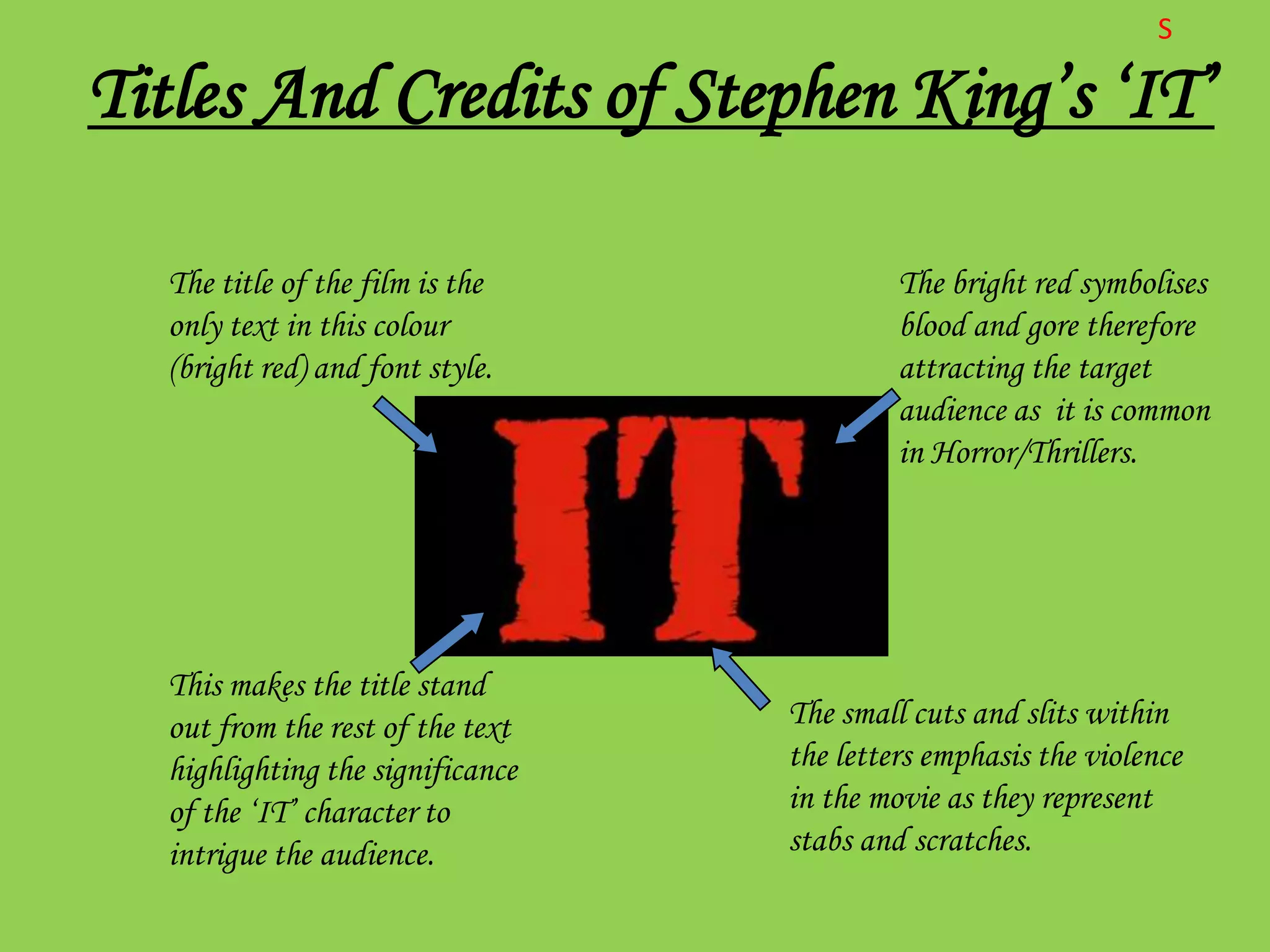 S

Titles And Credits of Stephen King’s ‘IT’

  The title of the film is the             The bright red symbolises
  only text in this colour                 blood and gore therefore
  (bright red) and font style.             attracting the target
                                           audience as it is common
                                           in Horror/Thrillers.




  This makes the title stand
  out from the rest of the text   The small cuts and slits within
  highlighting the significance   the letters emphasis the violence
  of the ‘IT’ character to        in the movie as they represent
  intrigue the audience.          stabs and scratches.
 