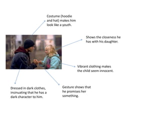 Costume (hoodie
                            and hat) makes him
                            look like a youth.


                                                      Shows the closeness he
                                                      has with his daughter.




                                                 Vibrant clothing makes
                                                 the child seem innocent.



Dressed in dark clothes,             Gesture shows that
insinuating that he has a            he promises her
dark character to him.               something.
 