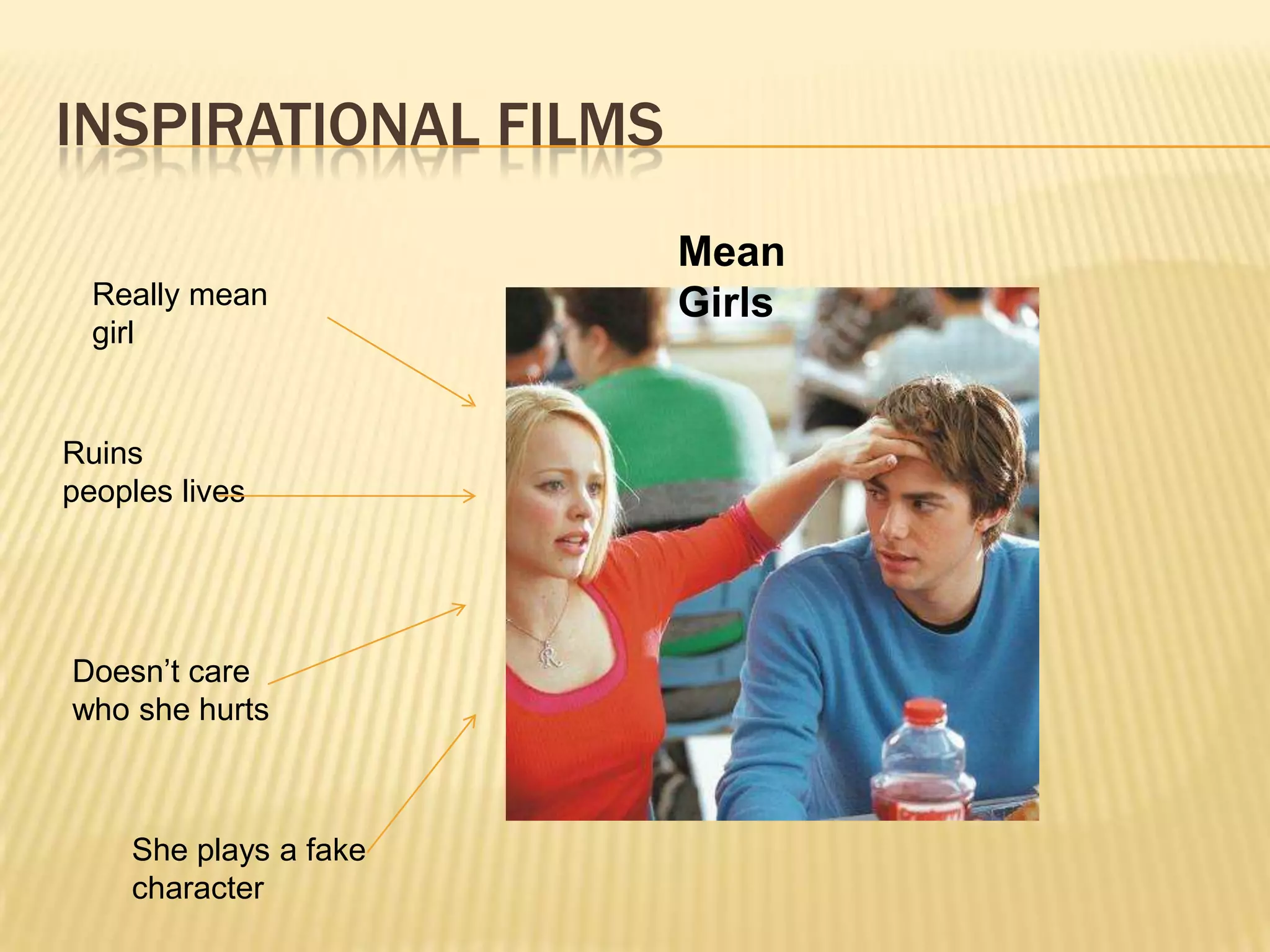 INSPIRATIONAL FILMS
                       Mean
  Really mean          Girls
  girl


Ruins
peoples lives




Doesn’t care
who she hurts



    She plays a fake
    character
 