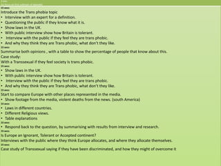 2 min
(to focus on first subtopic of episode)
15 secs:
Introduce the Trans phobia topic
• Interview with an expert for a definition.
• Questioning the public if they know what it is.
• Show laws in the UK.
• With public interview show how Britain is tolerant.
• Interview with the public if they feel they are trans phobic.
• And why they think they are Trans phobic, what don’t they like.
15 secs:
Summarise both opinions , with a table to show the percentage of people that know about this.
Case study:
With a Transsexual if they feel society Is trans phobic.
15 secs:
•   Show laws in the UK.
•   With public interview show how Britain is tolerant.
•   Interview with the public if they feel they are trans phobic.
•   And why they think they are Trans phobic, what don’t they like.
15 secs:
Start to compare Europe with other places represented in the media.
• Show footage from the media, violent deaths from the news. (south America)
15 secs:
• Laws in different countries.
• Different Religious views.
• Table explanations
15 secs:
• Respond back to the question, by summarising with results from interview and research.
15 secs:
Is Europe an Ignorant, Tolerant or Accepted continent?
Interviews with the public where they think Europe allocates, and where they allocate themselves.
15 secs:
Case study of Transsexual saying if they have been discriminated, and how they might of overcome it
 