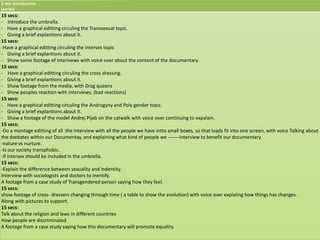 2 min introduction
(series)
15 secs:
- Introduce the umbrella.
- Have a graphical editting circuling the Transsexual topic.
- Giving a brief explantions about it.
15 secs:
-Have a graphical editting circuling the intersex topic
- Giving a brief explantions about it.
- Show some footage of interivews with voice over about the content of the documentary.
15 secs:
- Have a graphical editting circuling the cross dressing.
- Giving a brief explantions about it.
- Show footage from the media, with Drag queens
- Show peoples reaction with interviews, (bad reactions)
15 secs:
- Have a graphical editting circuling the Androgyny and Poly gender topic.
- Giving a brief explantions about it.
- Show a footage of the model Andrej Pijab on the catwalk with voice over continuing to expalain.
15 secs:
-Do a montage editting of all the interview with all the people we have intto small boxes, so that loads fit into one screen, with voice Talking about
the dxebates within our Documentay, and explaining what kind of people we -------interview to benefit our documentary.
-nature vs nurture.
-Is our society transphobic.
-If intersex should be included in the umbrella.
15 secs:
-Explain the difference between sexuality and Indentity.
Interview with sociologists and doctors to inentify.
A footage from a case study of Transgendered person saying how they feel.
15 secs:
show footage of cross- dressers changing through time ( a table to show the evolution) with voice over explaiing how things has changes.
Along with pictures to support.
15 secs:
Talk about the religion and laws in different countries
How people are discriminated
A footage from a case study saying how this documentary will promote equality.
 