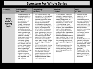 Structure For Whole Series
Episode:     Introduction:                 Beginning:                          Middle:                              End:
             (First 2 Mins)                (15 Mins)                           (15 Mins)                            (15 Mins)
             - The different types of      - This part will be about how       - To argue the first 15 minutes      - Following this will
               social Media platforms.       the audience are fighting back      and explore how we think we          explore the use of
               Facebook, Twitter and         with the ability to generate        are being given various choices,     technological
   ‘Social     Instagram are                 their own information, doing        however these choices are            convergences, how it
  Media’ –     communication and             this we will show montage           provided by higher powers who        promotes and allows the
               sharing platforms.            footage of people editing           determine your search results.       constant landscape of
  Fighting   - The way that they use         Wikipedia's, scrolling though     - E.g. ‘Online Dating’ : Your          media to develop – the
    back       algorithms to cater to        and posting on their blog and       match is determined for you.         ways we are very vocal
               the individual varies.        posting social news stories       - So we will show someone filling      and influential by
               Facebook ensures that       - We will outline the statistics      in online dating application         ourselves in technology,
               your newsfeed is catered      of the amount of people on          form, using a public interview,      but presenting a
               to your taste and what        blogs, and the many different       empathising with how they feel       conclusion to weather
               you want to see is there      types of blogs – highlighting       about this opportunity               social media is
               and easily accessible.        the minority groups within        - However, then we will have an        hegemonic or
               Google search results are     society being able to express       expert explaining what they do       democratic
               also catered to what          themselves repeated with            with their online form and how     - Do this by showing how
               they believe you are          social news – showing footage       they chose their ideal partner,      the use of iPads have
               interested in. They know      of people ‘dig’ and ‘bury’ of       who they are blocking out and        developed – e.g the apps
               your interests from your      Digg                                why                                  and how ‘genius’ on the
               previous Google search.     - We will go into detail, showing   - We will have statistics on the       iPad suggest and imply
             - How society is fighting       how blogs are not consorted,        success rates of those they          what we should
               against a hegemonic           showing the extent of what          choose – and those who find          download
               media platform. Through       you can post, and why that          love with people different to      - Though ending with a
               blogs and Youtube             should be able to happen            themselves                           conclusion that we are
               channels created by           though public interview, and                                             always revolutionising
               ordinary people posting       blog users interviews and                                                and are becoming more
               their own views to a          expert interviews as to why                                              democratic
               large audience.               nothing is censored
 