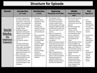 Structure for Episode
 Episode        Introduction                Introduction                 Beginning                       Middle                    End
                    (1st   2 min)                (1 min)          ‘Revolution of The Web’           ‘Social Networking         ‘Algorithms’
                                                                                                            Sites’
            • Presenter talking about      • Presenter            • First subtopic is the         • We will show the ways
              the whole documentary,         introducing the        Revolution of the Web.          sites such as social      • Then
              the purpose - how social       episode on social      This will show a picture        networking really do        introduce
              media is controlling what      networking             animation where why a           control your use on the     algorithms
              information we receive,        (Facebook,             timeline will be used to go     website                     and how they
              in Facebook, YouTube,          YouTube and            though the different times    • We will compare the         are a tool
              Google, Twitter.               Twitter) including     and revolutions within the      ways Facebook               used to subtly
Social      • Montage footage of
              people interacting with
                                             statistics on how
                                             much people use
                                                                    web, across web 1.0, 2.0
                                                                    and 3.0
                                                                                                    ,Twitter, Vimeo,
                                                                                                    YouTube etc. influence
                                                                                                                                control
                                                                                                                                society.
Media-        different forms of media
              – people on their iPads,
                                             it
                                           • Show supporting
                                                                  • Web 1.0 includes the
                                                                    sociological theory on
                                                                                                    and manipulate what
                                                                                                    you see, what your        • We will have
   The        iPhones, Blackberry’s,         footage of             ‘upsurge’ & visuals of info     exposed to and the          expert
              Laptops etc.                   YouTube (Clips of      coming in, but none             accessibility to all        interviews
Hegemonic   • E.g. internet, phones,         YouTube Celebs         coming out                      things                      (technicians)
Puppeteer     TV…                            increasing           • Web 2.0 includes statistics   • Show examples of how        and public
              Including establishing         viewers), Google,      of YouTube success and 3        they are applied. E.g.      ones at
              shot of internet cafes         Facebook, with         public quoted material on       Rahel’s Facebook liking     Trafalgar
              (high angles, low angles),     voiceover of           their excitement of web         pages and its affect on     square.
              a bedroom (with tech),         statistics on          2.0, the contrast to before     her news feed, and the
              train station (people on       dominant pages,        and now                         pressure to conform to    • Show
              phones) with close up of       and their            • Web 3.0 exploring the           popular Facebook            examples of
              Wi-Fi connecting.              influence of           new omnipresence of it,         trends                      how we
            • Show case study of the         people with more       where it will be anywhere,    • Public interviews and       receive
              boy who killed his mum         statistics             showing animation of            statistics to people        different
              mimicking the soap                                    algorithm bubbles and           feeling pressured to        search
              ‘Coronation Street’, with                             Google searches contrast        conform and numbers         results.
              archival footage of news                              how they are different          of how much people
              broadcast.                                                                            have ‘changed’ since
                                                                                                    using Facebook
 