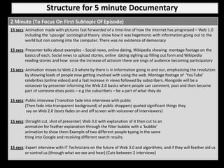 Structure for 55 minute Documentary
                   Structure for minute Documentary
2 Minute (To Focus On First Subtopic Of Episode)
15 secs: Animation made with pictures fast forwarded of a time-line of how the internet has progressed – Web 1.0
         including the ‘upsurge’ sociological theory show how it was hegemonic with information going out to the
         world but non coming into the computer. There was no existence of democracy

15 secs: Presenter talks about examples – Social news, online dating, Wikipedia showing montage footage on the
         basics of each, Social news to upload stories, online dating sighing up filling out form and Wikipedia
         reading stories and how since the increase of activism there are sings of audience becoming participatory

15 secs: Animation moves to Web 2.0 where by there is in information going in and our, emphasising the revolution
         by showing loads of people now getting involved with using the web. Montage footage of ‘YouTube’
         celebrities (online videos) and a fast increase in views followed by subscribers. Alongside will be a
         voiceover by presenter informing the Web 2.0 basics where people can comment, post and then become
         part of someone elses posts – e.g the subscribers – be a part of what they do

15 secs: Public interview (Transition fade into interviews with public
         (Then fade into transparent background) of public shoppers) quoted significant things they
          say on Web 2.0 (texts fades on and off screen with voiceover of interviewers)

15 secs: (Straight cut, shot of presenter) Web 3.0 with explanation of it then cut to an
         animation for feather explanation through the filter bubble with a ‘bubble’
         animation to show them Example of two different people typing in the same
         thing into Google and receiving different search results.

15 secs: Expert interview with IT Technicians on the future of Web 3.0 and algorithms, and if they will feather aid us
         or control us (through what we see and hear) (Cuts between 2 interviews)
 