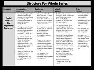 Structure For Whole Series
Episode:    Introduction:                   Beginning:                        Middle:          ...