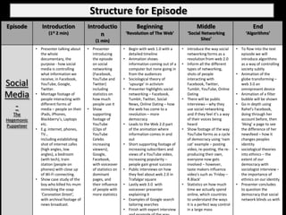 Structure for Episode
Episode        Introduction              Introductio                 Beginning                         Middle                           End
                   (1st   2 min)              n                ‘Revolution of The Web’            ‘Social Networking                ‘Algorithms’
                                             (1 min)                                                     Sites’

            • Presenter talking about    • Presenter          • Begin with web 1.0 with a      • Introduce the way social      • To flow into the text
              the whole                    introducing          detailed timeline                networking forms as a           episode we will
              documentary, the             the episode        • Animation shows                  revolution from web 2.0         introduce algorithms
              purpose - how social         on social            information coming out of a    • Inform all the different        as a way of controlling
              media is controlling         networking           computer but none going in       types of networking,            society subtly
              what information we          (Facebook,           from the audiences               shots of people               • Animation of the
              receive, in Facebook,        YouTube and        • Sociological theory of           interacting with                globe transforming –
Social        YouTube, Google,
              Twitter.
                                           Twitter)
                                           including
                                                                ‘upsurge’ in activism
                                                              • Presenter highlights social
                                                                                                 Facebook, Twitter,
                                                                                                 Tumblr, YouTube, Online
                                                                                                                                 web 3.0 an
                                                                                                                                 omnipresent device
Media       • Montage footage of
              people interacting with
                                           statistics on
                                           how much
                                                                networking – Facebook,
                                                                Tumblr, Twitter, Social
                                                                                                 Dating
                                                                                               • There will be public
                                                                                                                               • Animation of a filter
                                                                                                                                 bubble will be shown
  -           different forms of
              media – people on their
                                           people use it
                                         • Show
                                                                News, Online Dating – how
                                                                the web has come to a
                                                                                                 interviews – why they
                                                                                                 use social networking
                                                                                                                               • Go in depth using
                                                                                                                                 Rahel's Facebook,
   The        iPads, iPhones,              supporting           revolution – more                and if they feel it’s a way     doing through her
Hegemonic     Blackberry’s, Laptops        footage of           democracy                        of their voices being           account before, then
Puppeteer     etc.                         YouTube            • Leads to the Web 2.0 part        heard                           ‘liking’ a page to see
            • E.g. internet, phones,       (Clips of            of the animation where         • Show footage of the way         the difference of her
              TV…                          YouTube              information comes in and         YouTube forms as a cycle        newsfeed – how it
              Including establishing       Celebs               out                              of democracy using ‘nam         changes peoples
              shot of internet cafes       increasing         • Short supporting footage of      cat’ example – posting          identity
              (high angles, low            viewers),            increasing subscribers and       video, re-posting, the re-    • sociological theories
              angles), a bedroom           Google,              views of a YouTube video,        producing their own,            into ethnics – the
              (with tech), train           Facebook,            increasing popularity –          everyone now gets               extent of our
              station (people on           with voiceover       people gain great success        involved – however,             democracy with
              phones) with close up        of statistics on   • Public interviews on how         taste makers influence          sociologist interview –
              of Wi-Fi connecting.         dominant             they feel about web 2.0 in       video's such as ‘Friday –       the importance of
            • Show case study of the       pages, and           Trafalgar square                 R.Black’                        ethnics on our identity
              boy who killed his mum       their influence    • Lastly web 3.0 with            • Statistics on how much        • Presenter concludes
              mimicking the soap           of people with       voiceover presenter              time we actually spend          to question the
              ‘Coronation Street’,         more statistics      explaining it                    online, which countries         democracy that social
              with archival footage of                        • Examples of Google search        to understand the ways          network blinds us with
              news broadcast.                                   tailoring searches               it is a perfect way control
                                                              • Finish with expert interview     in a large mass
 