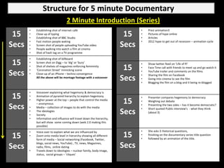 Structure for 5 minute Documentary
                                  2 Minute Introduction (Series)
       •   Establishing shot of internet café                                 •   Prezi animation3
 15    •
       •
           Close up of typing
           Establishing shot of BBC Studio
                                                                        15    •
                                                                              •
                                                                                  Pictures of hype online
                                                                                  Articles
       •   Fast motion people waking                                          •   2012 hype to get out of recession – animation cycle
Secs   •
       •
           Screen shot of people uploading YouTube video
           People walking into watch a film at cinema
                                                                       Secs
       •   Shot of hash tag on a TV programme
       •   Establishing shot of billboard
 15    •   Screen shot on Digg – to ‘dig’ or ‘bury’                           •   Show twitter feed on ‘Life of Pi’
       •
       •
           Shot of shelves of magazines enforcing femininity
           ‘Coronation Street’ mimicking scene                          15    •   Face Time call with friends to meet up and go watch it

Secs   •   Close-up of an iPhone – techno convergence
                                                                              •
                                                                              •
                                                                                  YouTube trailer and comments on the films
                                                                                  Sharing the film on Facebook
           All the above will be montage footage with a voiceover
                                                                       Secs   •
                                                                              •
                                                                                  Going into cinema to see the film
                                                                                  Blogging the film on a blog and it being re-blogged


       •   Voiceover explaining what hegemony & democracy is
 15    •   Animation of pyramid hierarchy to explain hegemony.                •   Presenter compares hegemony to democracy
       •   Higher power at the top – people that control the media
           – anonymous                                                  15    •   Weighing out debate

Secs   •   Media – collection of images to do with the media
                                                                              •
                                                                              •
                                                                                  Presenting the two sides – has it become democratic?
                                                                                  Short quoted Public interview’s - what they think
       •
       •
           The ideologies
           Society
                                                                       Secs       (about 3)
       •   Information and influence will travel down the hierarchy,
           but will show some coming down (web 2.0 making this
           possible)
       •   Voice over to explain what we are influenced by                    •   She asks 3 rhetorical questions,
 15    •   Zoom onto media level in hierarchy showing all different
           form of media – Social networking (Facebook, Twitter,
                                                                        15    •
                                                                              •
                                                                                  finishing on the documentary series title question
                                                                                  followed by an animation of the title.

Secs   •
           blogs, social news, YouTube) , TV, news, Magazines,
           radio, films, online dating
           Travels down to ideologies – nuclear family, body image,
                                                                       Secs
           status, social groups – ‘cliques’
 