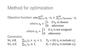 Method for optimization
Objective function: min 𝑘=1
𝑇
𝑐𝑘 ∙ 𝑡𝑘 + 𝑗=1
𝑅
𝑐𝑝𝑒𝑛𝑎𝑙𝑡𝑦 ∙ 𝑥𝑗
where 𝑡𝑘 =
1 if 𝑡𝑘 is chosen
0 otherwi...