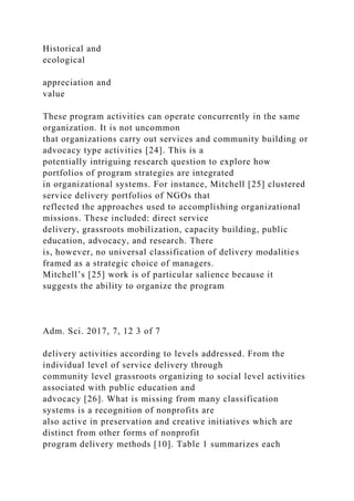 Historical and
ecological
appreciation and
value
These program activities can operate concurrently in the same
organization. It is not uncommon
that organizations carry out services and community building or
advocacy type activities [24]. This is a
potentially intriguing research question to explore how
portfolios of program strategies are integrated
in organizational systems. For instance, Mitchell [25] clustered
service delivery portfolios of NGOs that
reflected the approaches used to accomplishing organizational
missions. These included: direct service
delivery, grassroots mobilization, capacity building, public
education, advocacy, and research. There
is, however, no universal classification of delivery modalities
framed as a strategic choice of managers.
Mitchell’s [25] work is of particular salience because it
suggests the ability to organize the program
Adm. Sci. 2017, 7, 12 3 of 7
delivery activities according to levels addressed. From the
individual level of service delivery through
community level grassroots organizing to social level activities
associated with public education and
advocacy [26]. What is missing from many classification
systems is a recognition of nonprofits are
also active in preservation and creative initiatives which are
distinct from other forms of nonprofit
program delivery methods [10]. Table 1 summarizes each
 