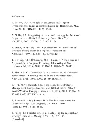 References
1. Brown, W.A. Strategic Management in Nonprofit
Organizations; Jones & Bartlett Learning: Burlington, MA,
USA, 2014; ISBN-10: 1449618944.
2. Phills, J.A. Integrating Mission and Strategy for Nonprofit
Organizations; Oxford University Press: New York,
NY, USA, 2005; ISBN-10: 0195171284.
3. Stone, M.M.; Bigelow, B.; Crittenden, W. Research on
strategic management in nonprofit organizations.
Adm. Soc. 1999, 31, 378–423. [CrossRef]
4. Netting, F.E.; O’Connor, M.K.; Fauri, D.P. Comparative
Approaches to Program Planning; John Wiley & Sons:
Hoboken, NJ, USA, 2008; ISBN-13: 978-0470126417.
5. Plantz, M.C.; Greenway, M.T.; Hendricks, M. Outcome
measurement: Showing results in the nonprofit sector.
New Dir. Eval. 1997, 1997, 15–30. [CrossRef]
6. Hitt, M.A.; Ireland, R.D. Hoskisson, R.E. Strategic
Management Competitiveness and Globalization, 9th ed.;
South-Western Cengage: Mason, OH, USA, 2011; ISBN-13:
978-1285425177; ISBN: -13.
7. Altschuld, J.W.; Kumar, D.D. Needs Assessment: An
Overview; Sage: Los Angeles, CA, USA, 2010;
ISBN-13: 978-1412975841.
8. Fahey, L.; Christensen, H.K. Evaluating the research on
strategy content. J. Manag. 1986, 12, 167–183.
[CrossRef]
 