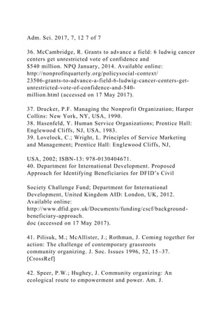 Adm. Sci. 2017, 7, 12 7 of 7
36. McCambridge, R. Grants to advance a field: 6 ludwig cancer
centers get unrestricted vote of confidence and
$540 million. NPQ January, 2014. Available online:
http://nonprofitquarterly.org/policysocial-context/
23506-grants-to-advance-a-field-6-ludwig-cancer-centers-get-
unrestricted-vote-of-confidence-and-540-
million.html (accessed on 17 May 2017).
37. Drucker, P.F. Managing the Nonprofit Organization; Harper
Collins: New York, NY, USA, 1990.
38. Hasenfeld, Y. Human Service Organizations; Prentice Hall:
Englewood Cliffs, NJ, USA, 1983.
39. Lovelock, C.; Wright, L. Principles of Service Marketing
and Management; Prentice Hall: Englewood Cliffs, NJ,
USA, 2002; ISBN-13: 978-0130404671.
40. Department for International Development. Proposed
Approach for Identifying Beneficiaries for DFID’s Civil
Society Challenge Fund; Department for International
Development, United Kingdom AID: London, UK, 2012.
Available online:
http://www.dfid.gov.uk/Documents/funding/cscf/background-
beneficiary-approach.
doc (accessed on 17 May 2017).
41. Pilisuk, M.; McAllister, J.; Rothman, J. Coming together for
action: The challenge of contemporary grassroots
community organizing. J. Soc. Issues 1996, 52, 15–37.
[CrossRef]
42. Speer, P.W.; Hughey, J. Community organizing: An
ecological route to empowerment and power. Am. J.
 