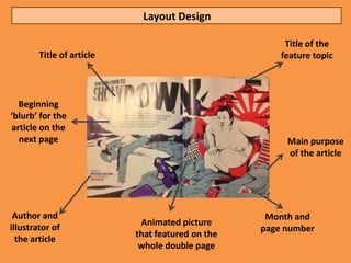 Layout Design

                                                       Title of the
        Title of article                              feature topic



  Beginning
‘blurb’ for the
article on the
  next page                                            Main purpose
                                                       of the article




 Author and                                        Month and
                            Animated picture
illustrator of                                    page number
                           that featured on the
  the article
                            whole double page
 