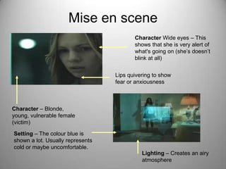 Mise en scene
                                         Character Wide eyes – This
                                         shows that she is very alert of
                                         what's going on (she’s doesn’t
                                         blink at all)


                                  Lips quivering to show
                                  fear or anxiousness



Character – Blonde,
young, vulnerable female
(victim)

Setting – The colour blue is
shown a lot. Usually represents
cold or maybe uncomfortable.
                                            Lighting – Creates an airy
                                            atmosphere
 