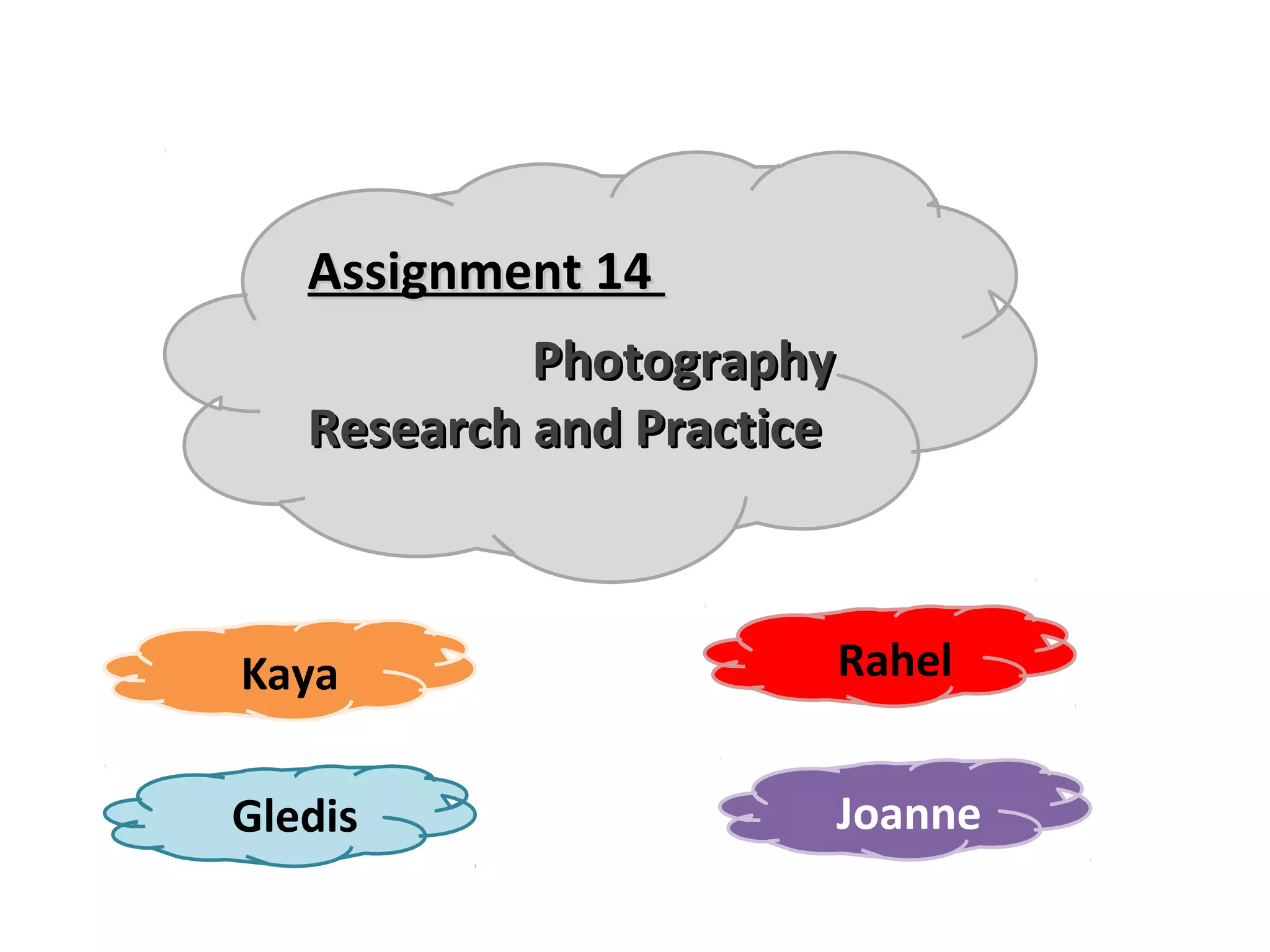 Assignment 14
            Photography
   Research and Practice



Kaya                       Rahel


Gledis                 Joanne
 