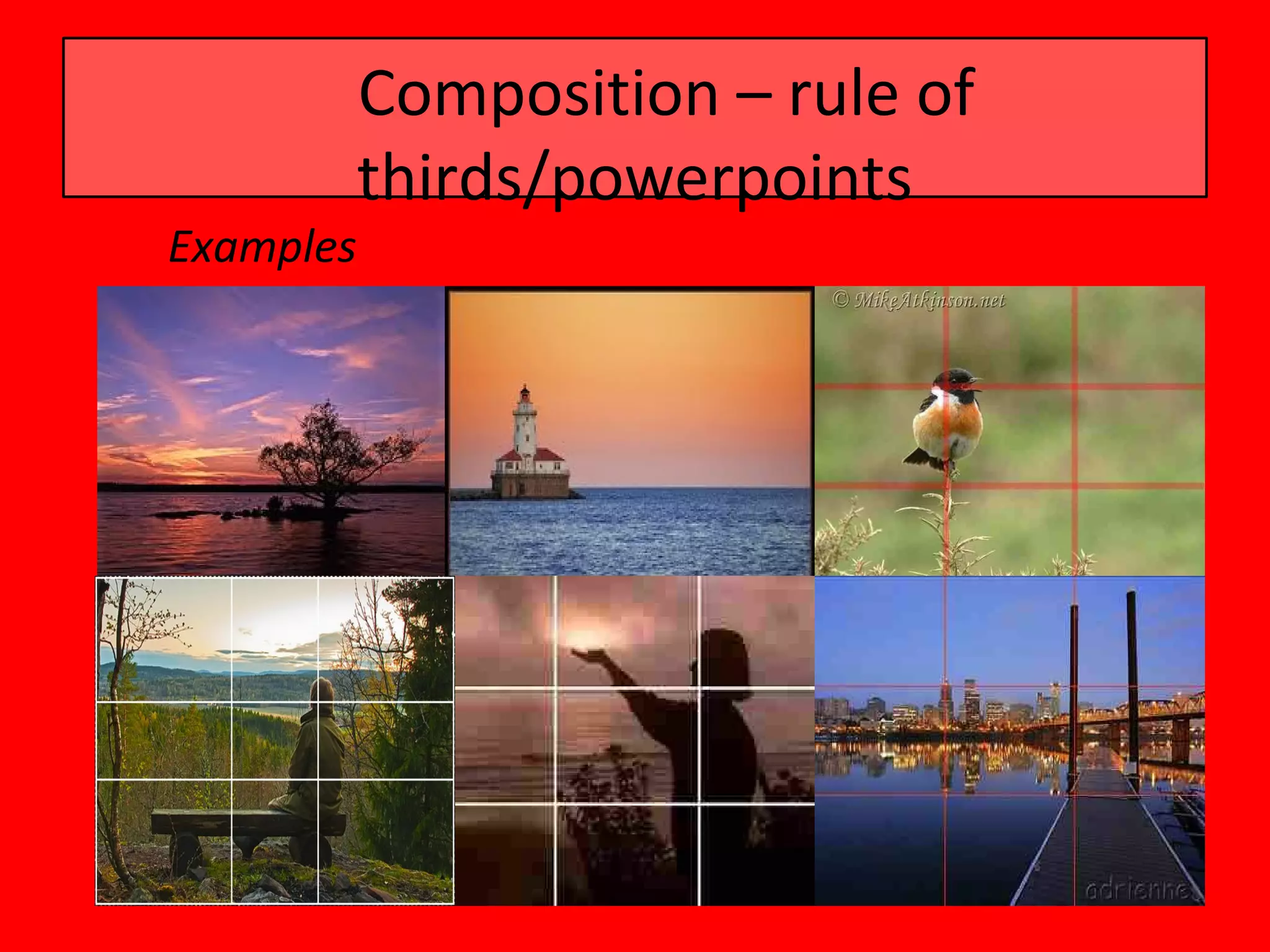 Composition – rule of
           thirds/powerpoints
Examples
 