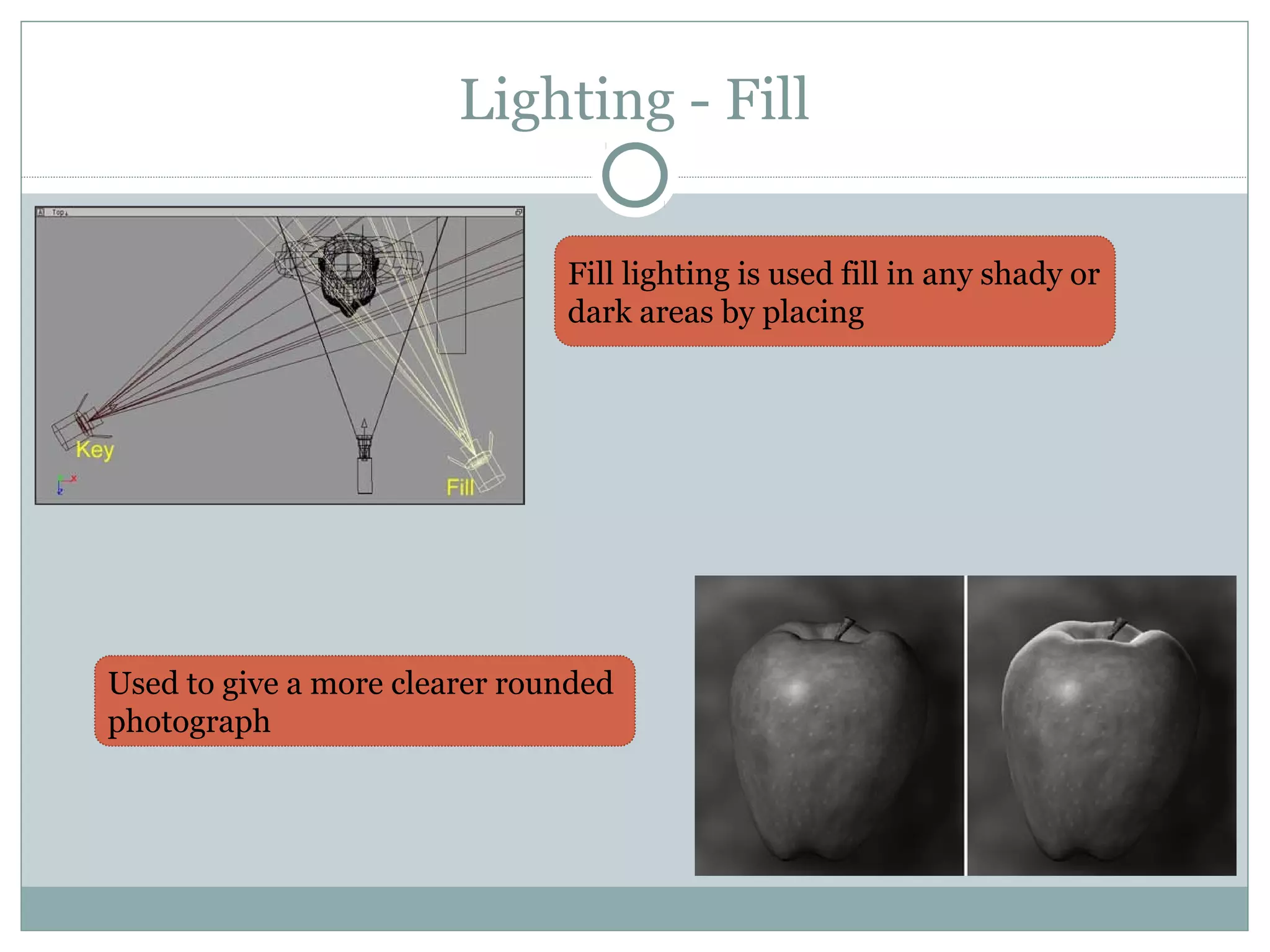 Lighting - Fill

                               Fill lighting is used fill in any shady or
                               dark areas by placing




Used to give a more clearer rounded
photograph
 