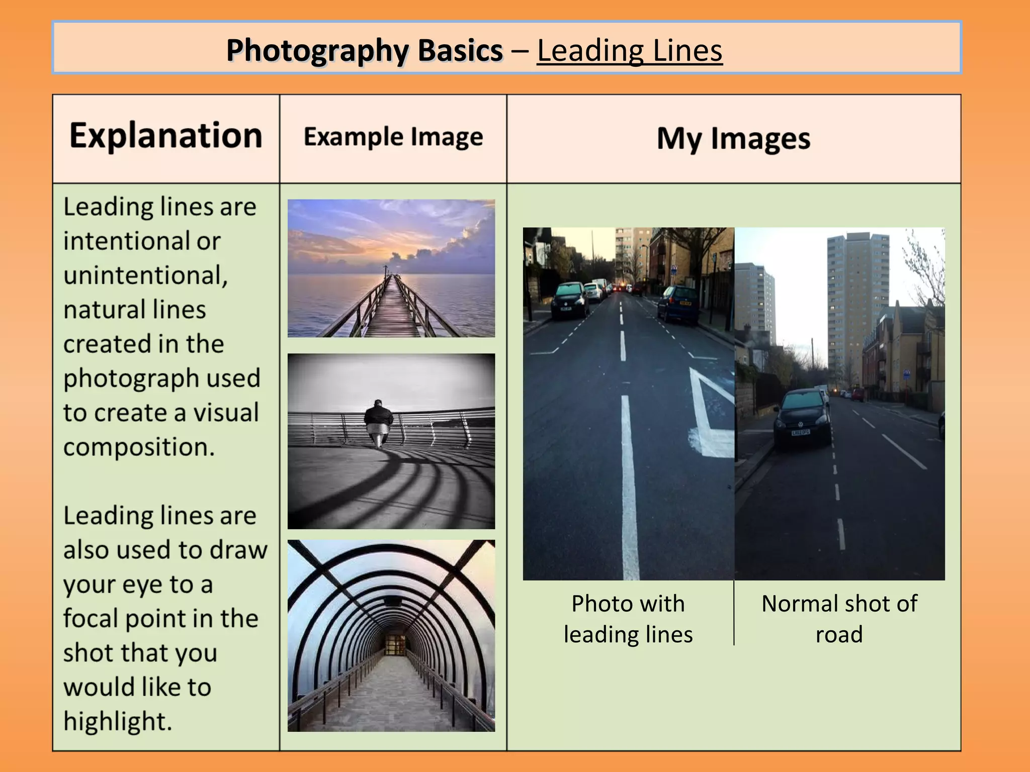 Photography Basics – Leading Lines




                        Photo with     Normal shot of
                       leading lines       road
 
