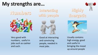 Very good with
numbers, useful in
jobs such as cashier
and such.
Good at interacting
and convincing
people, needed in
most jobs.
Usually contains
high energy, good
and useful in
bringing the mood
up around people
 