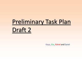Preliminary Task Plan
Draft 2
            Kaya, Gia, Rahel and Sanel
 