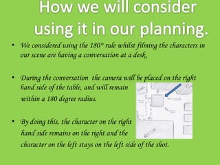 • We considered using the 180° rule whilst filming the characters in
  our scene are having a conversation at a desk.

• During the conversation the camera will be placed on the right
  hand side of the table, and will remain
  within a 180 degree radius.

• By doing this, the character on the right
  hand side remains on the right and the
  character on the left stays on the left side of the shot.
 