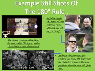• By following the
                                            180 degree rule the
                                            character on the
                                            left hand side will
                                            stay on the left.


 • The camera remains on this side of
   the scene within 180 degrees so that
    the audience are not disorientated.
        Middle
Left.                             Middle
                                                  • Although the camera changes
                                                    position, due to the 180 degree rule
                                                    the characters remain in the same
                                                    position and on the same side of the
                 Right Left.                 Right shot.
 