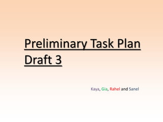 Preliminary Task Plan
Draft 3
            Kaya, Gia, Rahel and Sanel
 