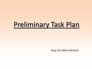 Preliminary Task Plan


            Kaya, Gia, Rahel and Sanel
 