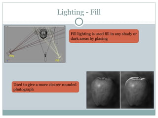 Lighting - Fill

                               Fill lighting is used fill in any shady or
                               dark areas by placing




Used to give a more clearer rounded
photograph
 