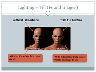 Lighting – Fill (Found Images)

   Without Fill Lighting               With Fill Lighting




•Without the whole face is not   •With fill lighting features are
visible                          visible and clear to see
 