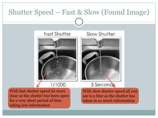 Shutter Speed – Fast & Slow (Found Image)




With fast shutter speed its more     With slow shutter speed all you
clear as the shutter has been open   see is a blur as the shutter has
for a very short period of time      taken in so much information
taking less information
 
